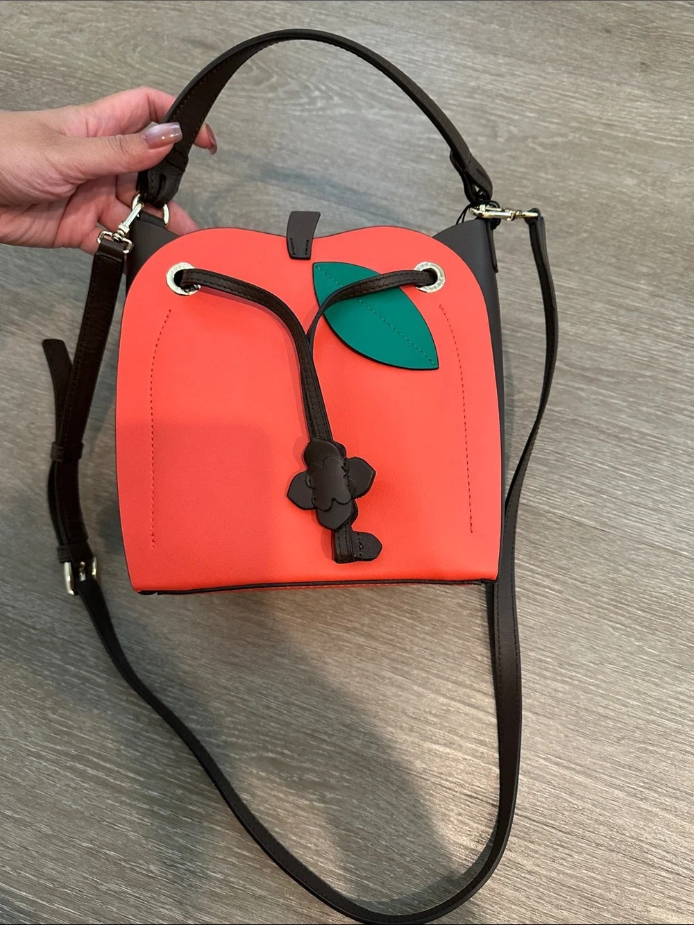 Furla Orange-Red Leather Crossbody with Green Leaf Accent brand new